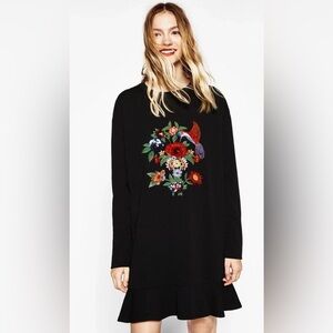 Zara Black Long sleeve Dress with Colorful Floral Embroidery.